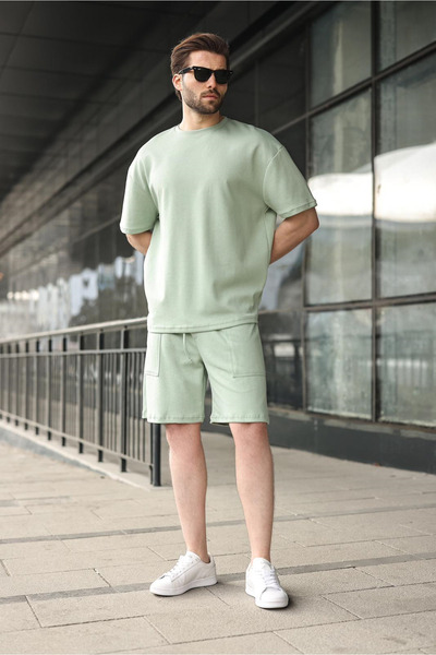 Madmext Çağla Yeşili Bicycle Collar Oversized Men's Shorts T-Shirt Set E7355
