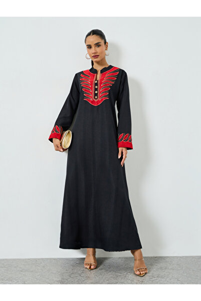 Maxim Creation By Styli Black Threadwork Embroidery Stand Collar Jalabiya