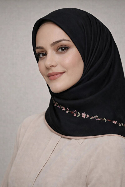 Bonjela Soft Eşarp Minimal Çiçek Desen Siyah Vizon