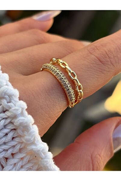 Alexis Carrel خاتم ذهبي قابل للتعديل بتصميم مزدوج من بوند مرصّع بالأحجار و تف...