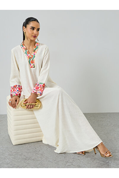 Maxim Creation By Styli Cream Embroidered Trim V Neck Jalabiya