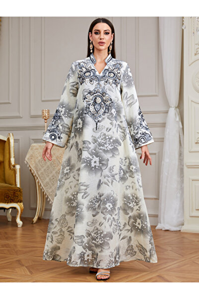 Take Two By Styli Grey Floral Print Embroidered A-Line Jalabiya