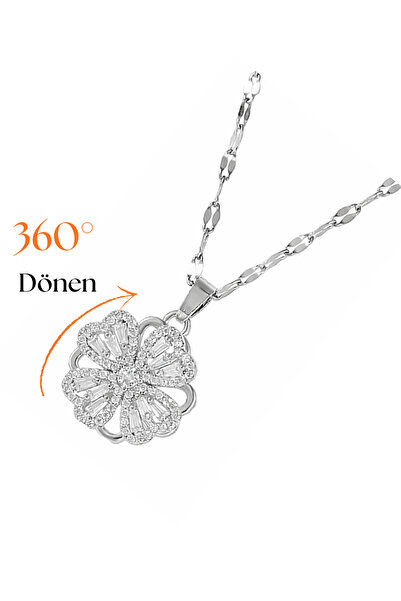 Siya Silver Steel Rotating Zircon Stone Clover Stress Necklace
