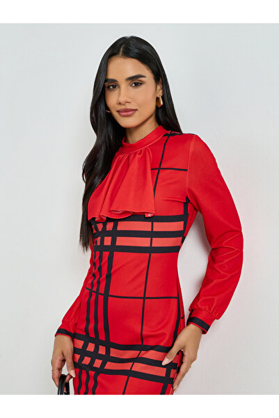 Take Two By Styli Red Checked Long Sleeve Bodycon Midi Dress