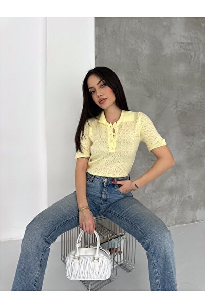 LE CARAMBOLE Women's Yellow Buttoned Woven Detailed Short Sleeve Knitwear Blouse