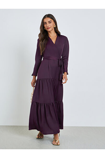 Styli فستان ماكسي بنفسجي متعدد الطبقات مع حزام ربط
