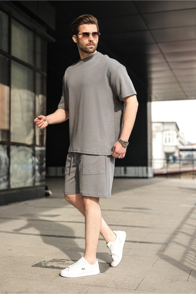 Madmext Smoked Crew Neck Oversized Men's Shorts T-Shirt Set E7355