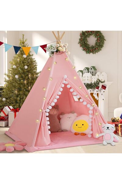 Arabest Kids Canvas Teepee Tent with Padded Mat, Indoor Playhouse with Star L...