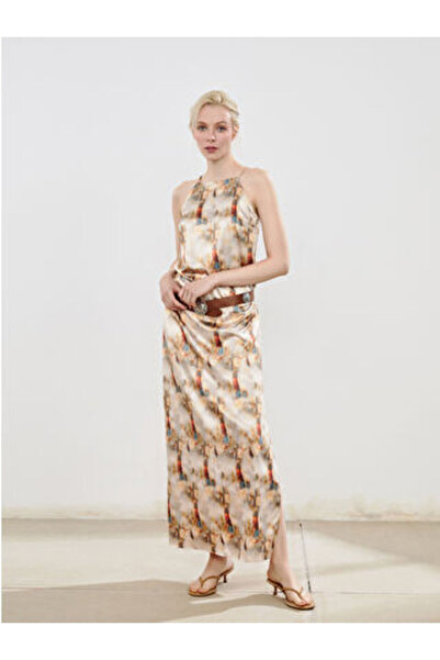 LC Waikiki Modanova Season Beige Halter Neck Patterned Strap Dress