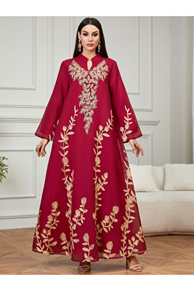 Take Two By Styli Red Embroidered Notch Neck Jalabiya