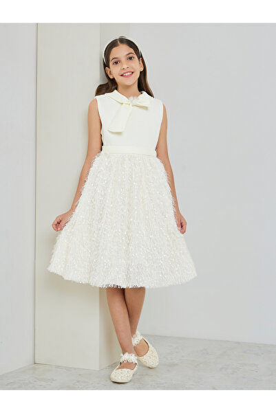 Styli Girls Cream Textured Fringed Detail Dress