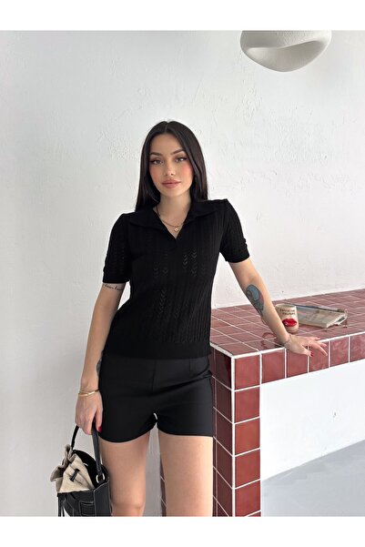 LE CARAMBOLE Дамска черна плетена блуза с къси ръкави и бродерии