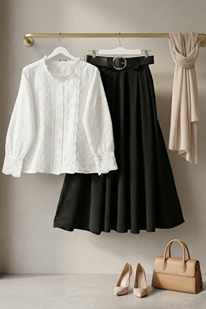 FERHEL Bluză de damă brodat cu broderie din dantelă - Albă