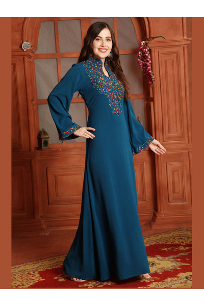 Maxim Creation By Styli Teal High Neck Embroidered Pattern Jalabiya