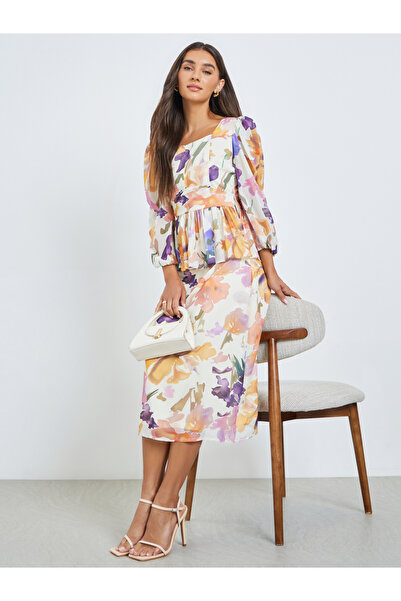 Styli Floral Print Peplum Detail Midi Dress