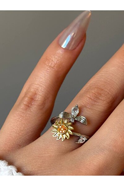 Alexis Carrel خاتم فضي قابل للتعديل بتصميم زهرة الأقحوان وعباد الشمس