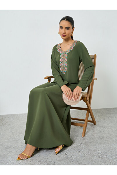 Maxim Creation By Styli Olive Embroidered V Neck Jalabiya