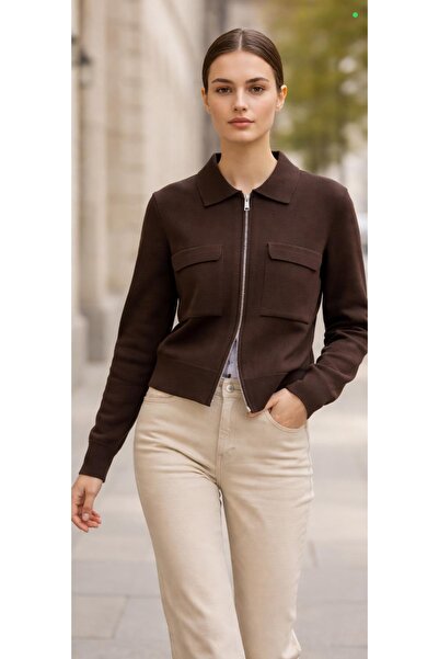 Akd örme Women's Double Pocket Double Zipper Detail Tricot Cardigan Jacket