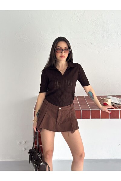 MODAMERSİ Women's Brown Woven Detailed Short Sleeve Knitwear Blouse