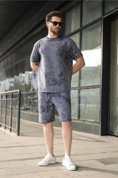 Madmext Navy Blue Batik Print Overfit Shorts T-Shirt Set E7357