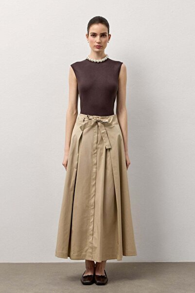 Molene Bej Belden Bağlamalı Pile Detaylı Kloş Etek