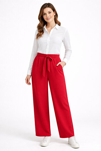 Nuevo Women's Elastic Waist Red Comfortable Cut Straight Leg Fabric Trousers ...
