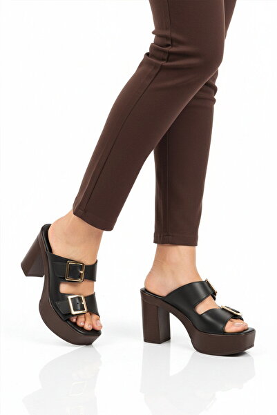 AYAKMOD Black Double Strapped Women's Heels Slipper 322221 Z