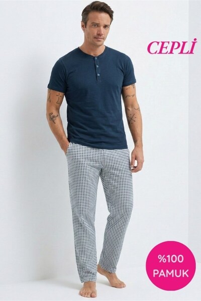 seamlife Men's Patterned 3-Button Crew Neck 100% Cotton Combed Cotton Short S...