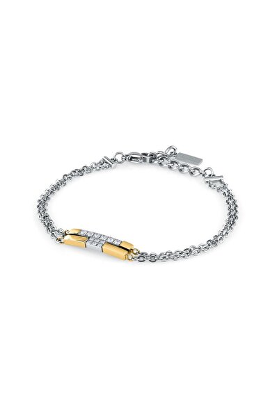 Trussardi T-Logo bracelet, silver stainless steel, gold, white crystals, leng...