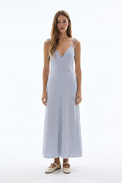 Quzu Open Back Tie-Detail Striped Long Dress Blue