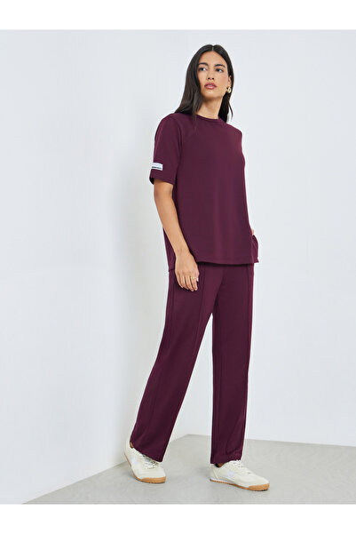 Styli Burgundy Wide Leg Joggers with Pintuck Detail