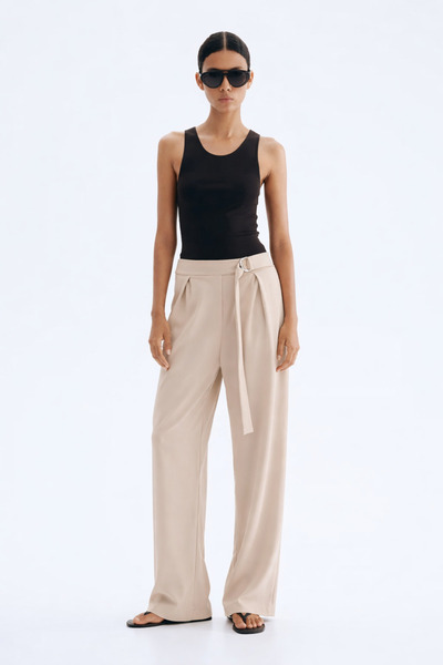 ribana Women's Relax Fit Comfortable Cut Crepe Fabric High Waist Wide Leg Belted Stretchy Pants 4715