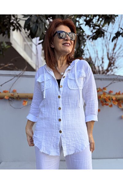 DenizEge Muslin Hooded Shirt White
