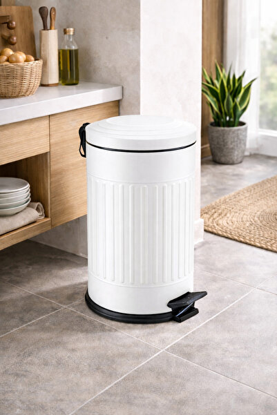 Yufira Life 16 LT Çizgili Vintage Yavaş Kapanan Pedallı Beyaz Mutfak Çöp Kova...