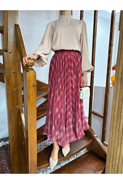 NANTİREA Ekose Desenli Şifon Astarlı Etek