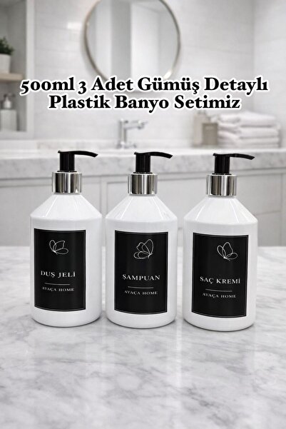 AY&ÇA HOME 3'Lü Amber Gümüş Detaylı Plastik 500ml Banyo Seti Şampuan, Saç Kre...