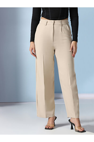 TAHVO By Styli Beige Solid Wide Leg Trousers