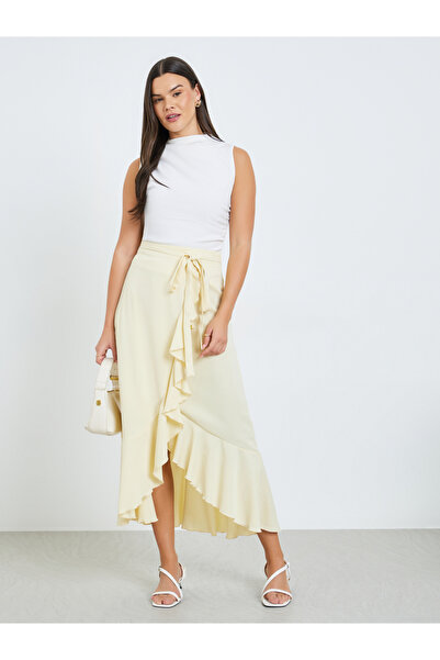 Take Two By Styli Yellow Ruffle Hem Midi Skirt with Tie-Up