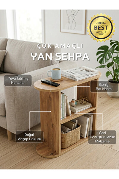 Wooden Factory Ahşap İki Raflı Yan Sehpa, Banyo, Mutfak Organizeri, Salon Seh...