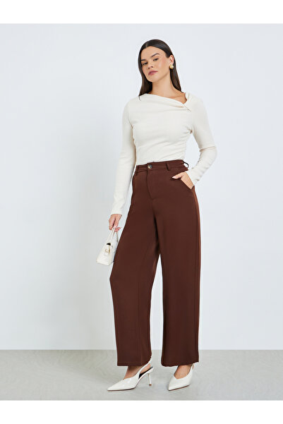 Take Two By Styli Brown Solid Wide Leg Trousers