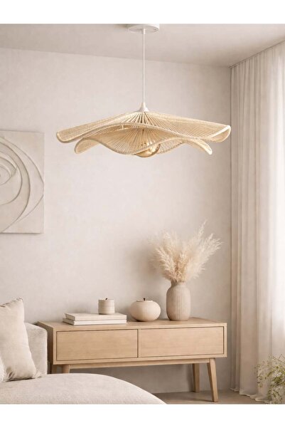 luminart Bohem Rattan Hasır Avize 50 cm Doğal Bambu Salon Oturma Odası Dekora...