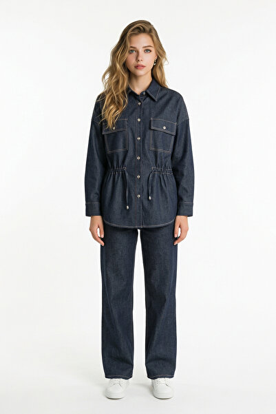 LEVURE Oversize Beli Tünelli Cepli Gömlek MAVİ