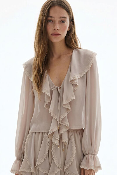 Quzu Lace Striped Ruffled Lace-Up Blouse Beige