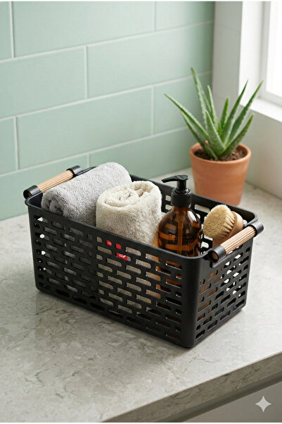 Selenica 3'lü Set Ahşap Saplı Plastik Mutfak Banyo Düzenleyici Sepet Organize...