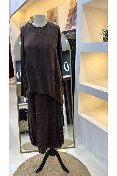 MissWhence Cupra Silk Skirt Blouse Set 39002 Brown