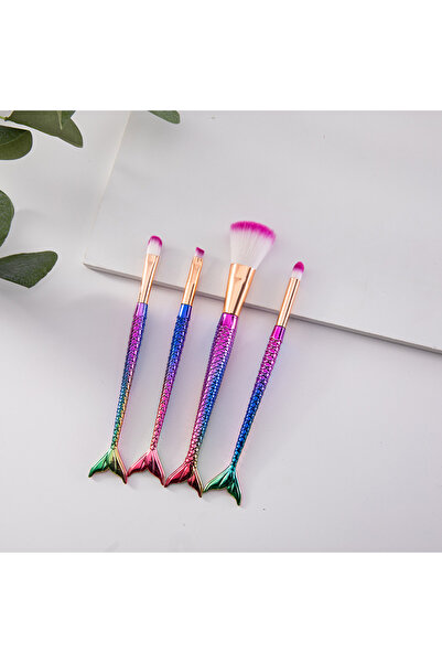 4'lü Deniz Kızı (Mermaid) Tasarımlı Makyaj Fırça Seti - Parlak Renk Geçişli & Yumuşak Kıllı