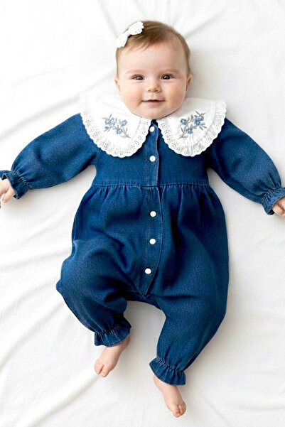 Cantoy Minik Çiçek İşlemeli Dantel Yakalı Kot Tulum