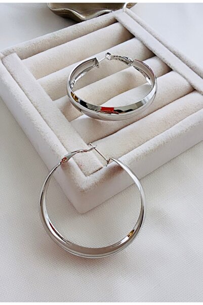 VNS Accessories Rodyum Kaplama Parlak Halka Küpe (Çap:5 CM/ Kalınlık: 1 CM)