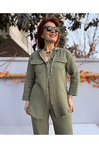 DenizEge Muslin Hooded Shirt Khaki