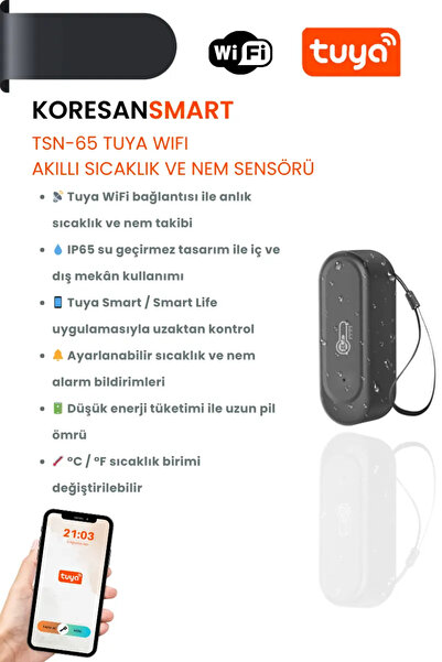 koresan Tuya TSN-65W WiFi Akıllı Sıcaklık ve Nem Sensörü IP65